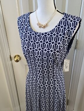 R&K BRAND WOMEN'S NAVY BLUE & WHITE ASYMMETRICAL SLEEVELESS SUMMER DRESS SIZE 12